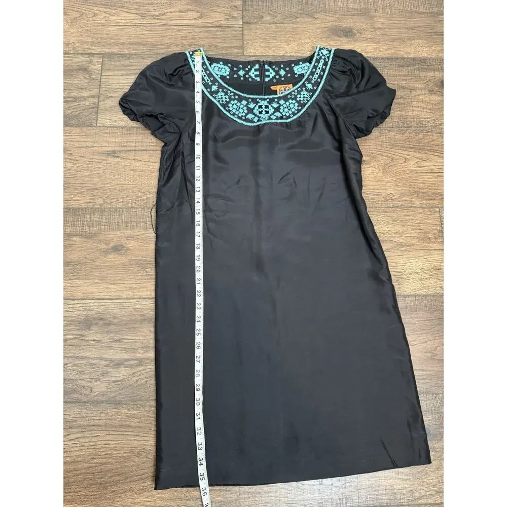 Tory Burch Lottie Size 4 Black Turquoise Embroidered Silk Tie Belt Shift Dress